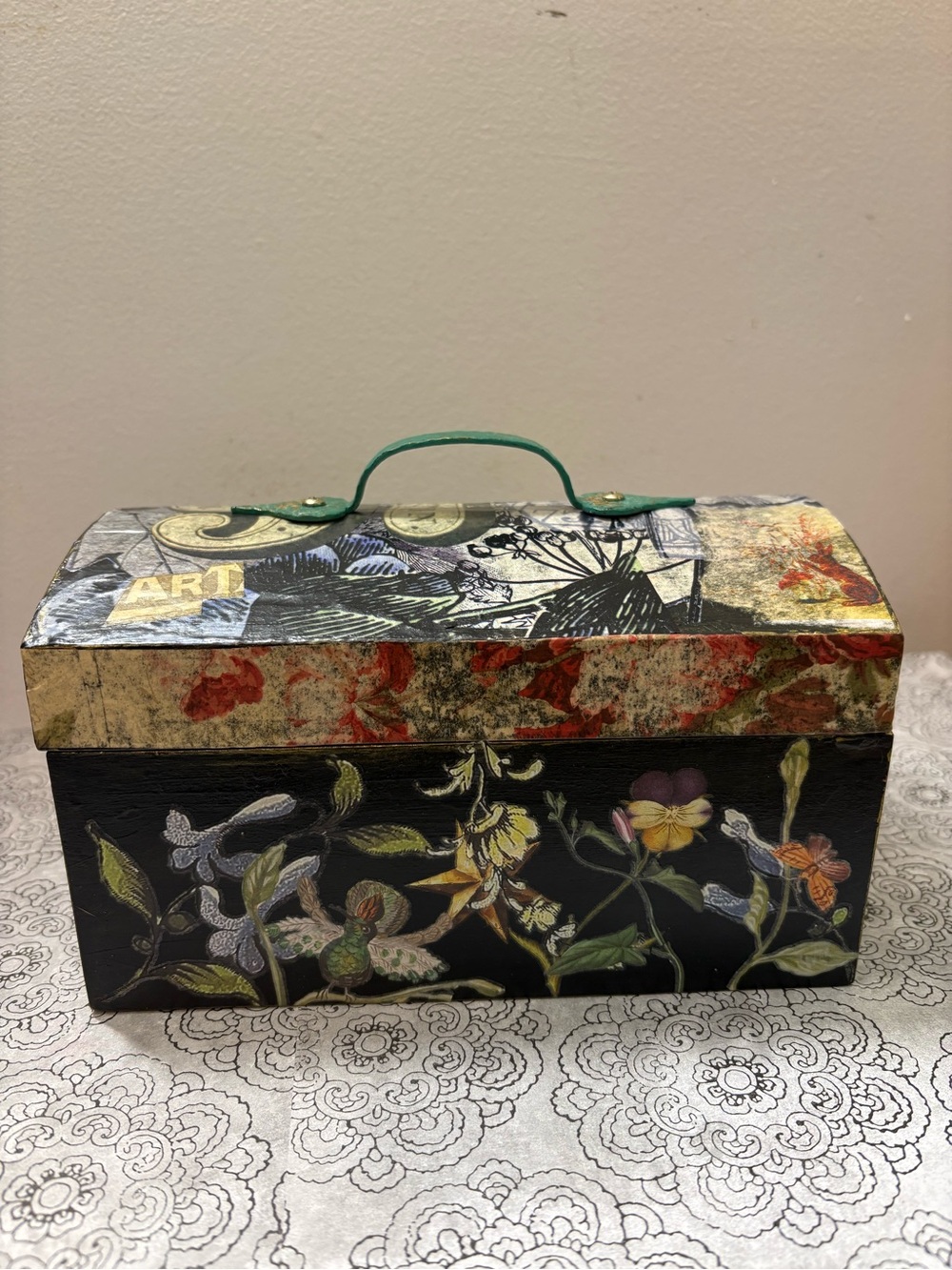 Floral Decoupage Decorative Storage Box with Green Handle